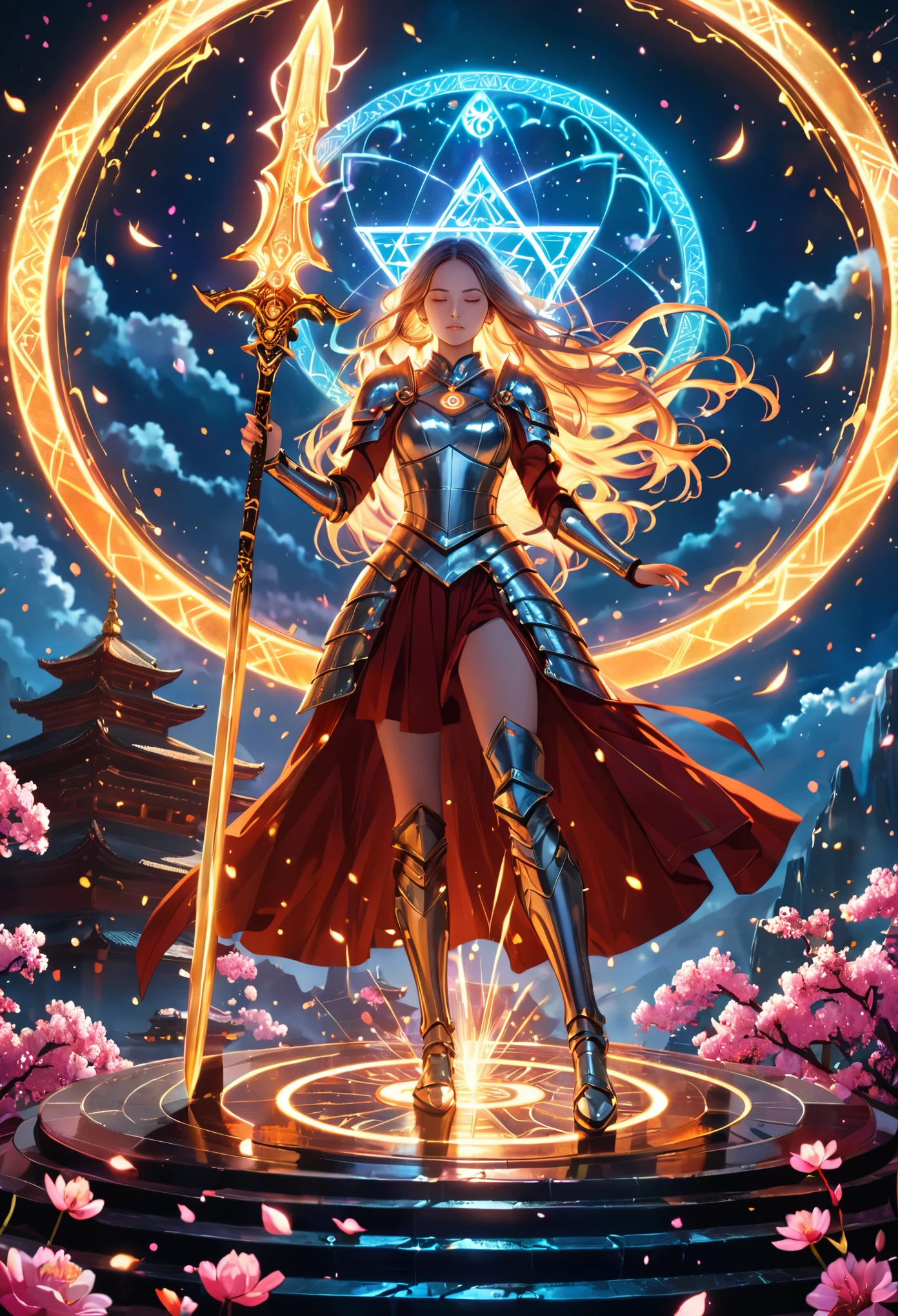 (best quality, masterpiece:1.2), ultra-detailed, A huge sword, ancient glowing symbols on the Shield, a girl wearing armor, （riding a unicod：1.8）, Cuvry Pose, Dynamic Action, long flowing hair, silver armor, electric arc hexagram magic circle background, magical effects, detailed magic circle, detailed hexagram, thick breath mist, vivid color, temple, flower, moon, wind, Surrealism, 4k, 8k, highres, best quality, highres, anatomically correct, textured skin