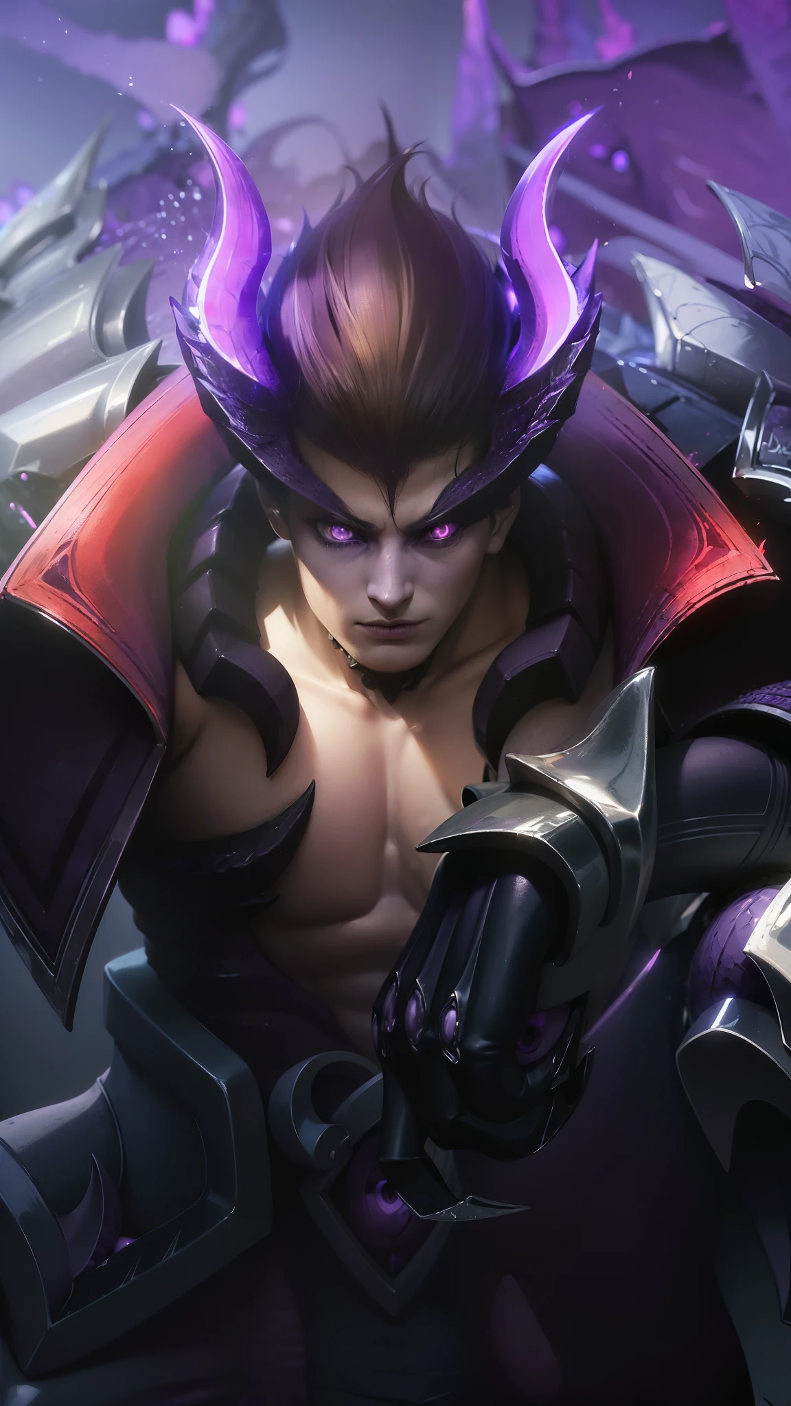 young man and handsome, 8k, ultra hd, ultra detailed texture, hyper realistic, masterpiece, detailed texture, detailed face, detailed skin, detailed lighting, (photorealistic:1.5), best quality, beautiful lighting, cinematic lighting, professional lighting, ultra highres, realistic, detailed hair, real hair, high quality, (realskin:1.5), extremely detailed, finely detail, ultra-detailed, standing, demon horns, forehead protector, (purple eyes:2.2), v-shapped eyebrow, black armor, depth of field, looking aways