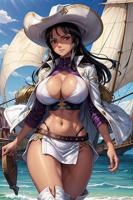 (masterpiece), best quality, expressive eyes, perfect face, Nico Robin on a pirate ship, (pirate ship background), (walking), (smirk), (closeup view), (1girl, Nico Robin face, dark skin, tanned skin, tan, black hair, long curly haistyle, brown eyes, hourglass figure, skinny body, large breasts, huge breasts, oppai, wide hips, thick thighs, purple front laceup corset, croptop, white fuzzy trench coat, purple miniskirt, white boots, white cowboy hat),