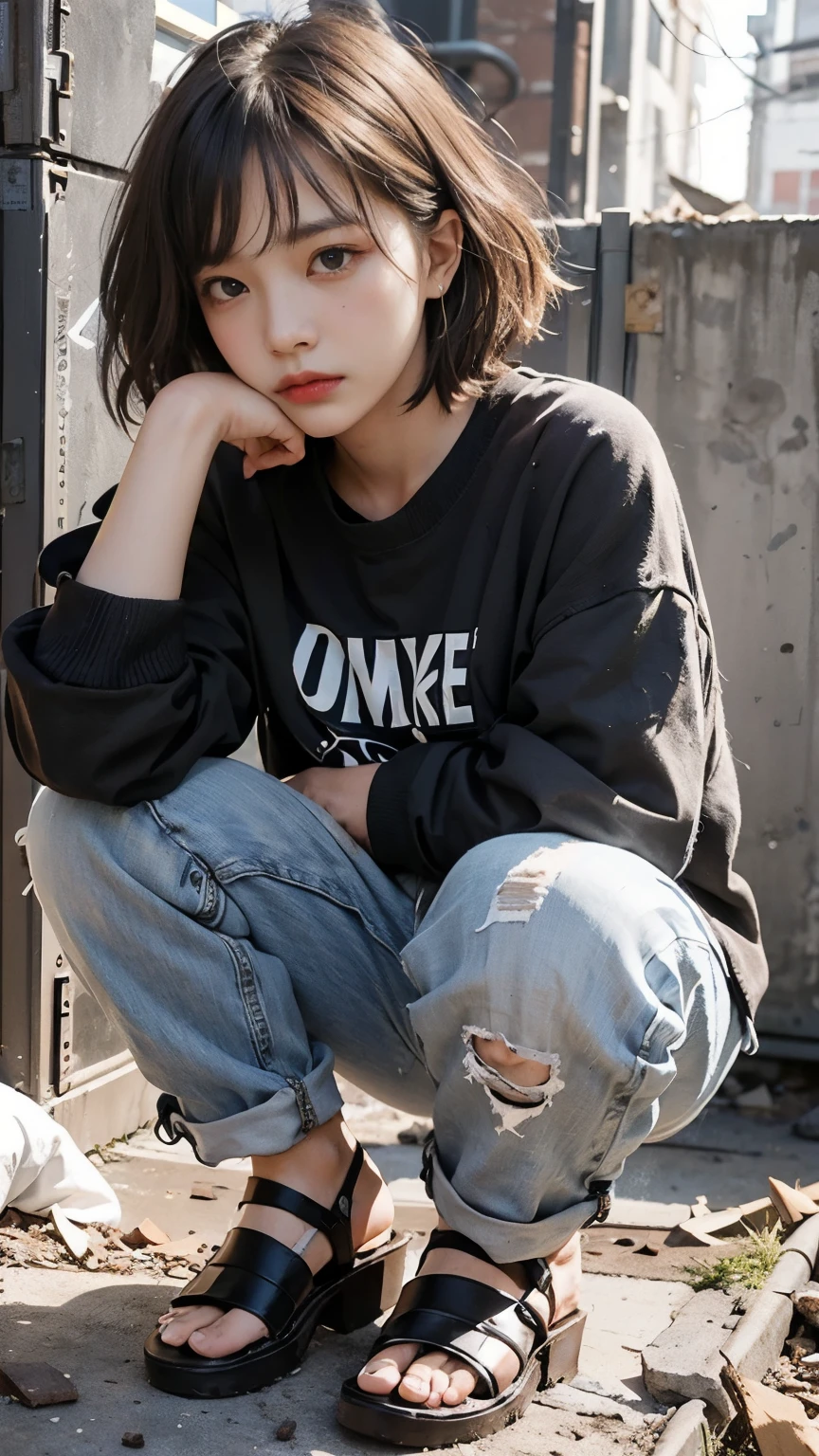 Bobcut,((woman in captivity)),23 years old,(((Homeless))),Bad complexion,It smells bad,Crouching,Naked light bulb light,Full of trash,Korean women,Pitch black,Tattered clothes,((( in a destroyed city,Oil,Mud stains,shit,dirty))),(((Frowning,カメラをGlaring))),Very fine eye, (((He&#39;s wearing a tattered and dirty black hoodie.,Wearing ripped pants))),(((Tragic))),((photograph)),(((Fabric Shading))), (((highest quality))), (((masterpiece))) strong girl, ((((Realistic)))),,Black Hair, chic hairstyle, ((With bangs,ストレートミディアムBobcut, nice hair)), Light makeup,Red eyes, (((I&#39;m not wearing lipstick))), (nice, strong), Centered Images, Looking at the camera, Elegant colors,Realistic Skin,Realistic texture,８k,whole body,Pale skin,Red iris,Expressionless,Glaring,Perfect Face,(((Big eyes))),Holding a blank board