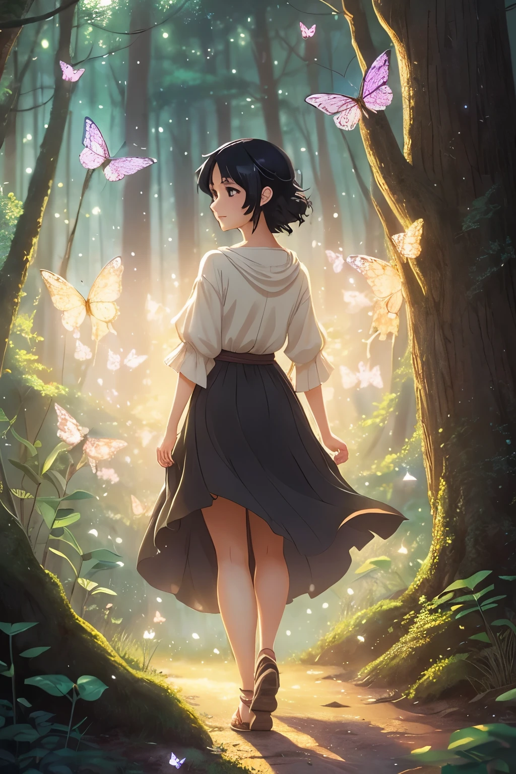 (masterpiece), manga style, soft lights, ethereal, magical looking, a candid looking woman with soft curly black hair, brown eyes, forest, fairytale, full body, tiny butterflies, illustration, magical, light particles, fireflies, art by Mschiffer merged with Makoto Shinkai, cute smile