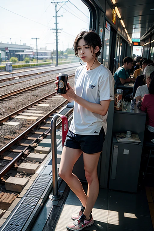 Earphones、Shorts、Canned coffee in one hand、Standing on the deck of a bullet train、30-year-old male