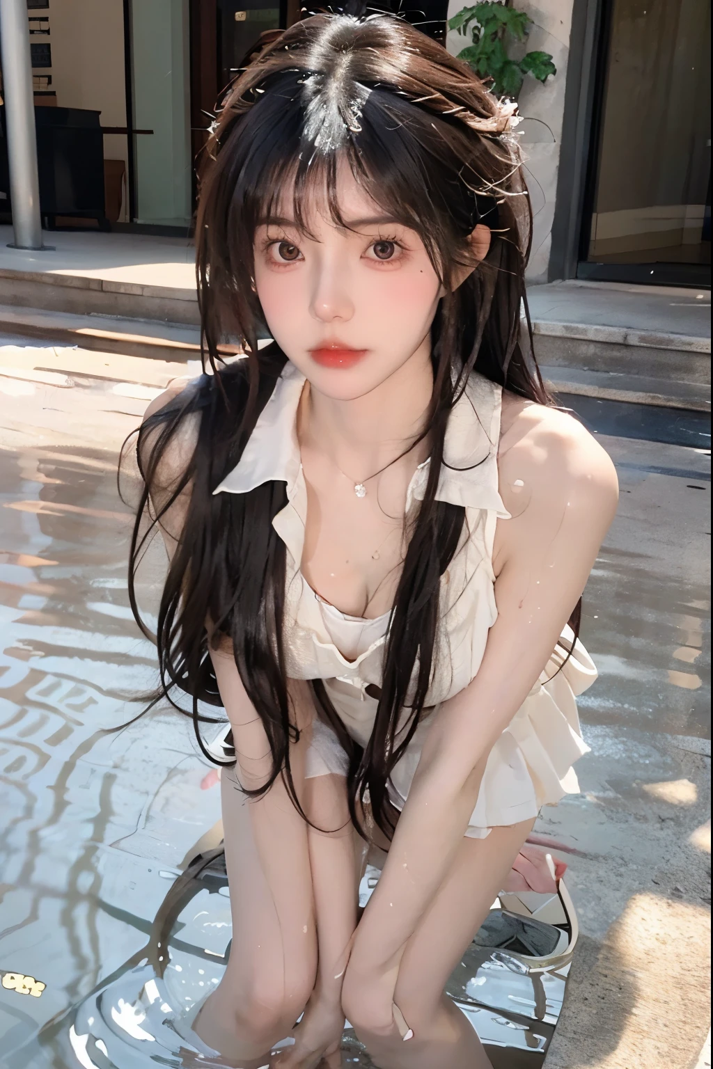 Beautiful woman with perfect body：1.4，Layered Hairstyle，Prominent cleavage：1.5，Highly detailed face and skin textures，Double eyelids，Skin Whitening，Long hair，Whitened long legs，Exquisite school uniforms，(wet hair:1.2)