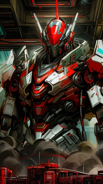 dark_fantasy, Cyberpunk, (best quality, masterpiece), (Red: 1.1), 1 man, Mechanical wonder, exist, Cybernetic Guardian, cybernetic jacket, Meadow Villa