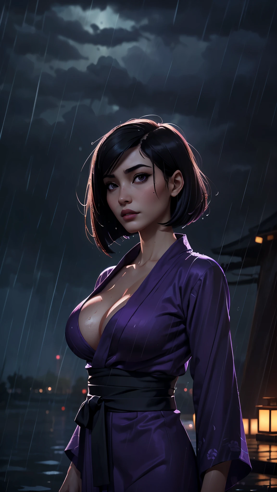 one asian girl, (ada wong:1.3), solo, slender body, (upper body, bust:1.2), black eyes, black hair, (bob haircut:1.2), (purple yukata, cleavage, deep cleavage:1.3), masterpiece, highly detailed, look at viewer, (dark sky, rainy night background:1.2), (rain:1.3), (heavy rain:1.3), (water on the body:1.3)