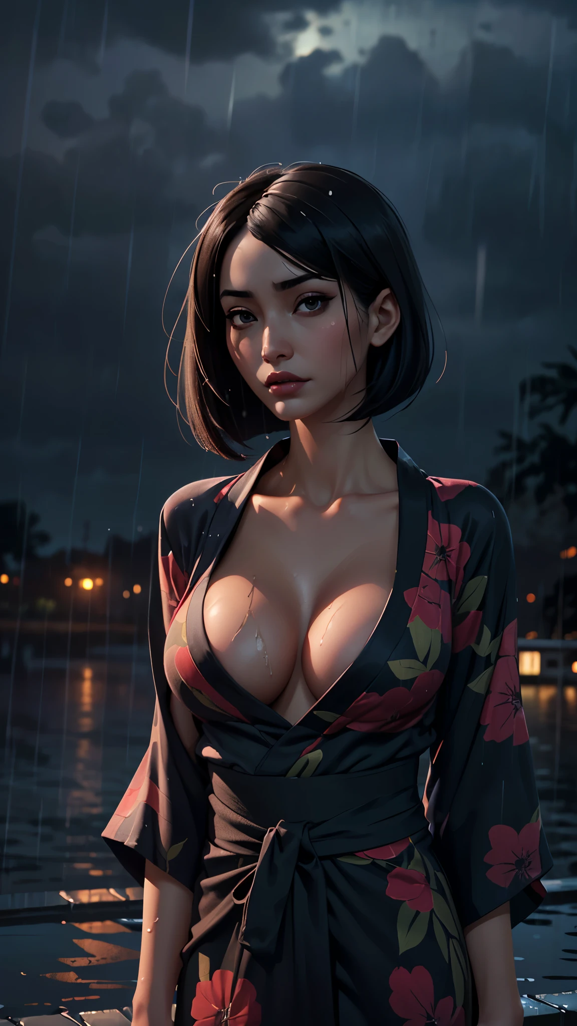 one asian girl, (ada wong:1.3), solo, slender body, (upper body, bust:1.2), black eyes, black hair, (bob haircut:1.2), (yukata, small breasts, cleavage, deep cleavage:1.3), masterpiece, highly detailed, look at viewer, (dark sky, rainy night background:1.2), (rain:1.3), (heavy rain:1.3), (water on the body:1.3)