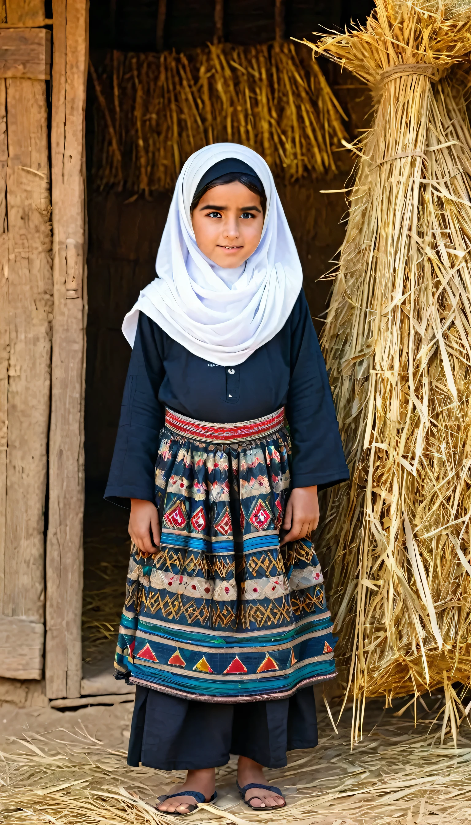 1girl, -yesolo, an Iraqi  wearing traditional clothing at the theshold of a hut, wearing hijab, background includes hay and outdoor elements, black_hair, standing, looking_at_viewer