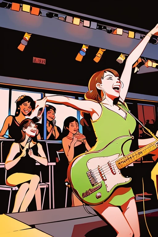 2D illustration by Yoshitaka Amano On the stage of a stylish bar、A group of Russian girls in their early 20s having a fun jazz session.