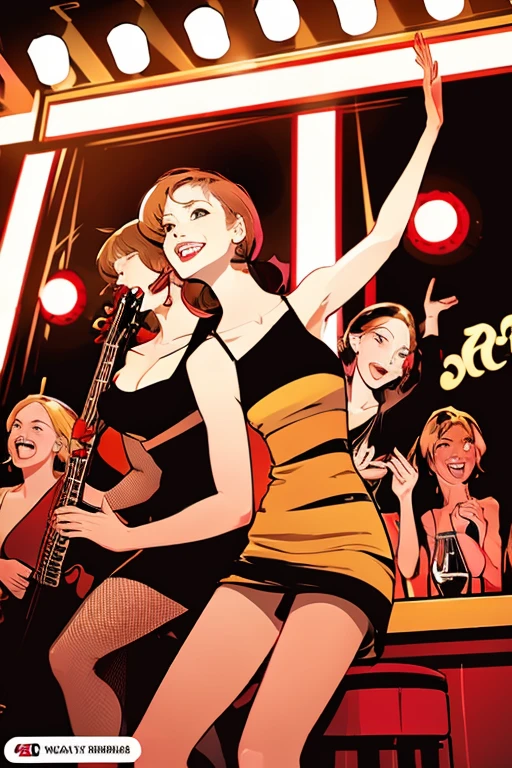 2D illustration by Yoshitaka Amano On the stage of a stylish bar、A group of Russian girls in their early 20s having a fun jazz session.