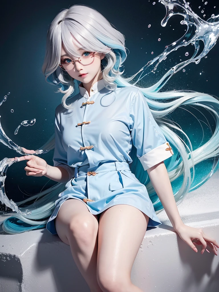 (masterpiece, best quality, high resolution),faint smile, anime style, heaven background, acrylic paint, ((splash of color, splash ink, splash of color)), Sweet Chinese girl, Long Grayish blue hair, [Grayish blue|green] hair, Light blue eyes，Red Half-rimmed Glasses，Curly hair, flash, Peach lips, White shirt, front, full body