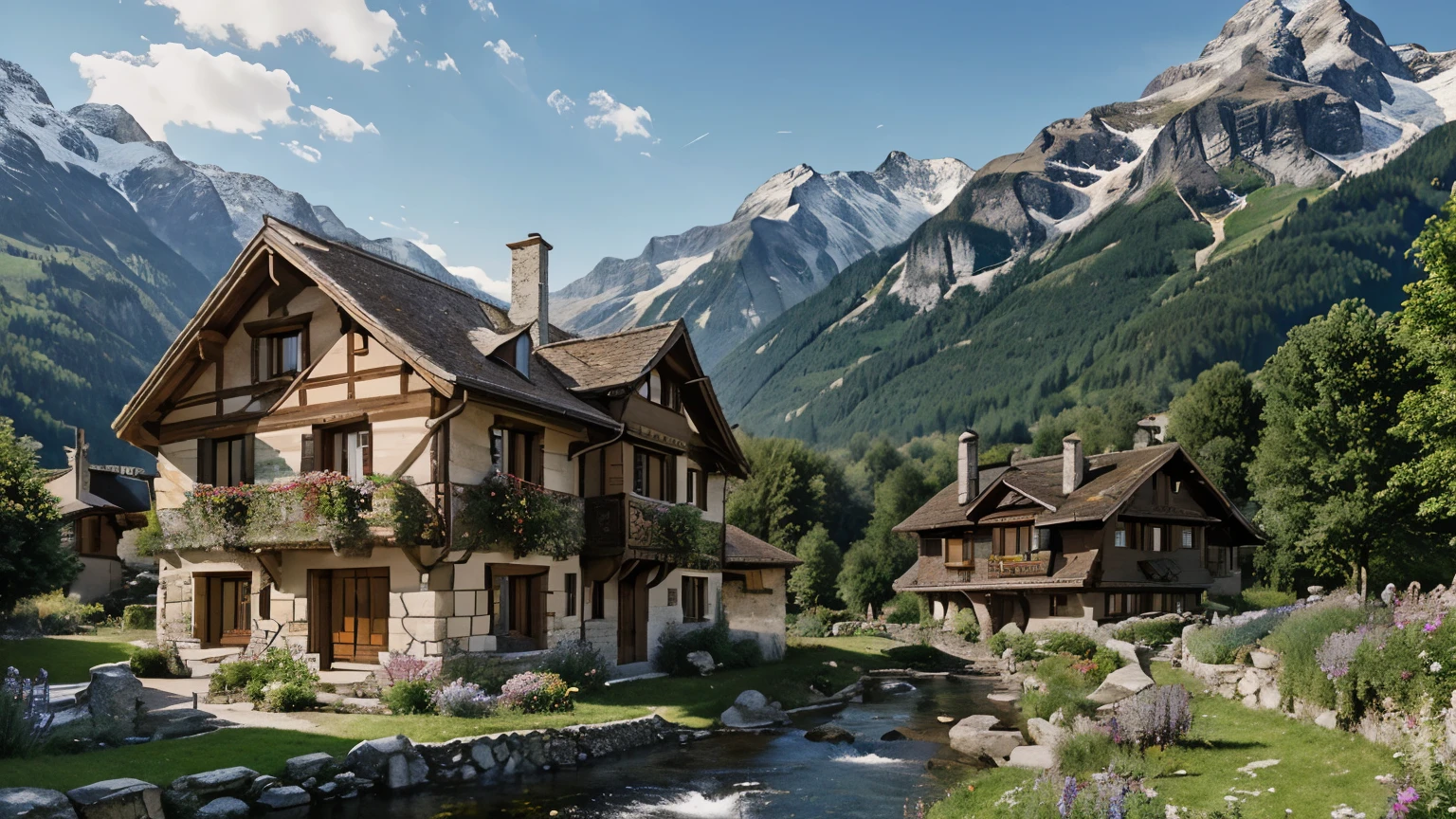 A French-style house. This house features traditional European medieval architecture, with elements of wood and stone. It has irregular stone walls, wooden doors and windows, stone chimneys, and tiled roofs. The background is the magnificent Swiss Alps, beside a clear stream. This illustration captures the mystery and beauty of the Swiss landscape.
