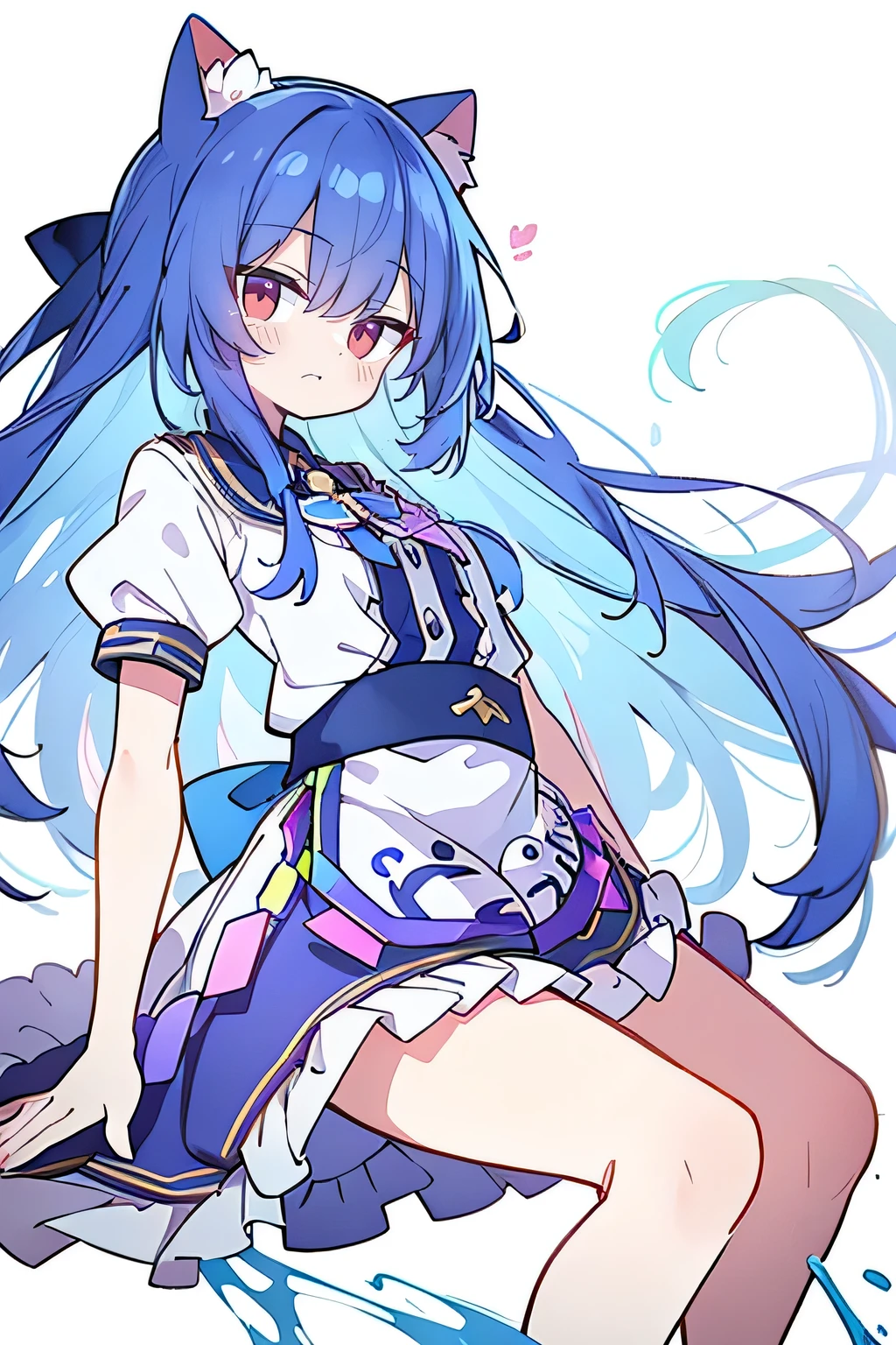 （masterpiece：1.2），Super detailed，lifelike，Expressive eyes，fair skin，perfect face shape，1 girl，
Japanese comics,Gorgeous blue hair,flowing blue hair,flowing clothes,Cat ears,Petals fall,beautiful lola,Baby Angel,
Shaking head with one hand，Lying gracefully on the ground，Cross your legs，Gentle and peaceful background，The pavilion is cool and comfortable,smile.