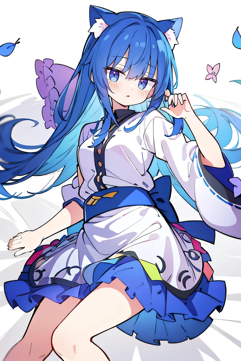 (masterpiece:1.2),Super detailed,lifelike,Expressive eyes,fair skin,perfect face shape,1 girl,
Japanese comics,Gorgeous blue hair,flowing blue hair,flowing clothes,Cat ears,Petals fall,beautiful lola,Baby Angel,
Shaking head with one hand,Lying gracefully on the ground,Cross your legs,Gentle and peaceful background,The pavilion is cool and comfortable,smile.