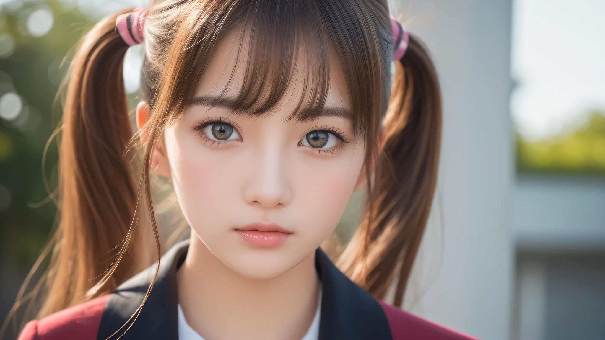 (2girl), (extremely detailed beautiful face), (highly detailed eyes, highly detailed face), (Pig tails hair), (high school uniform), Fresh, very clean appearance, (best Quality:1.4), (hyper-realistic, hight resolution), Professional Photography, standing, Outdoors, Close up portrait of girl, staring at me, (Fine face:1.2),