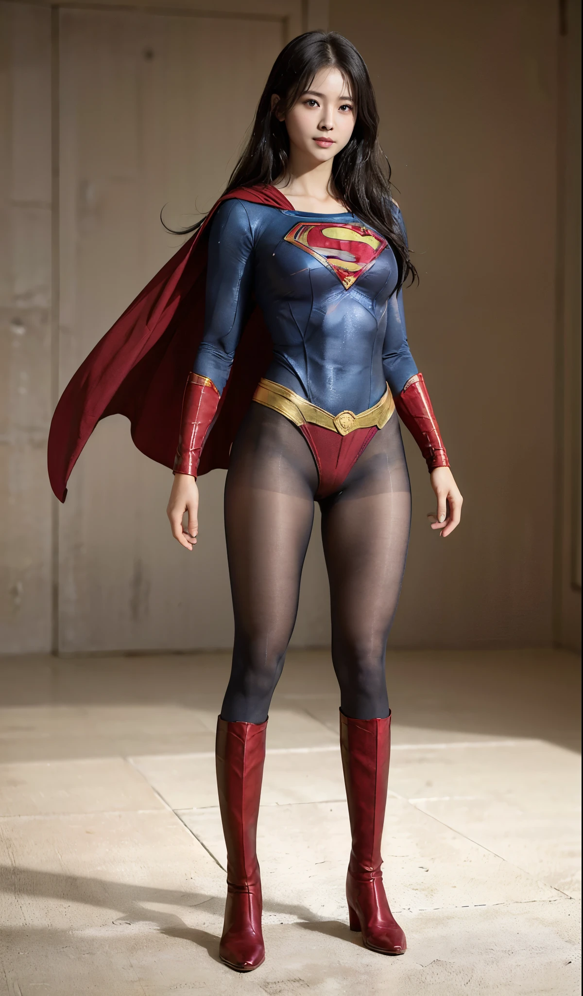 No background、(((Beautiful legs in black tights.)))、(((Legally express the beauty of your smile)))、((((Make the most of your original images)))、(((Supergirl Costume)))、(((Beautiful Hair)))、(((suffering)))、(((Please wear black tights....、Wear red boots)))、((Best image quality、8K))、((highest quality、8K、masterpiece:1.3))、(((Preserve background )))、Sharp focus:1.2、Beautiful woman with perfect figure:1.4、Thin abdominal muscles:1.2、Wet body:1.5、Highly detailed face and skin texture、8K