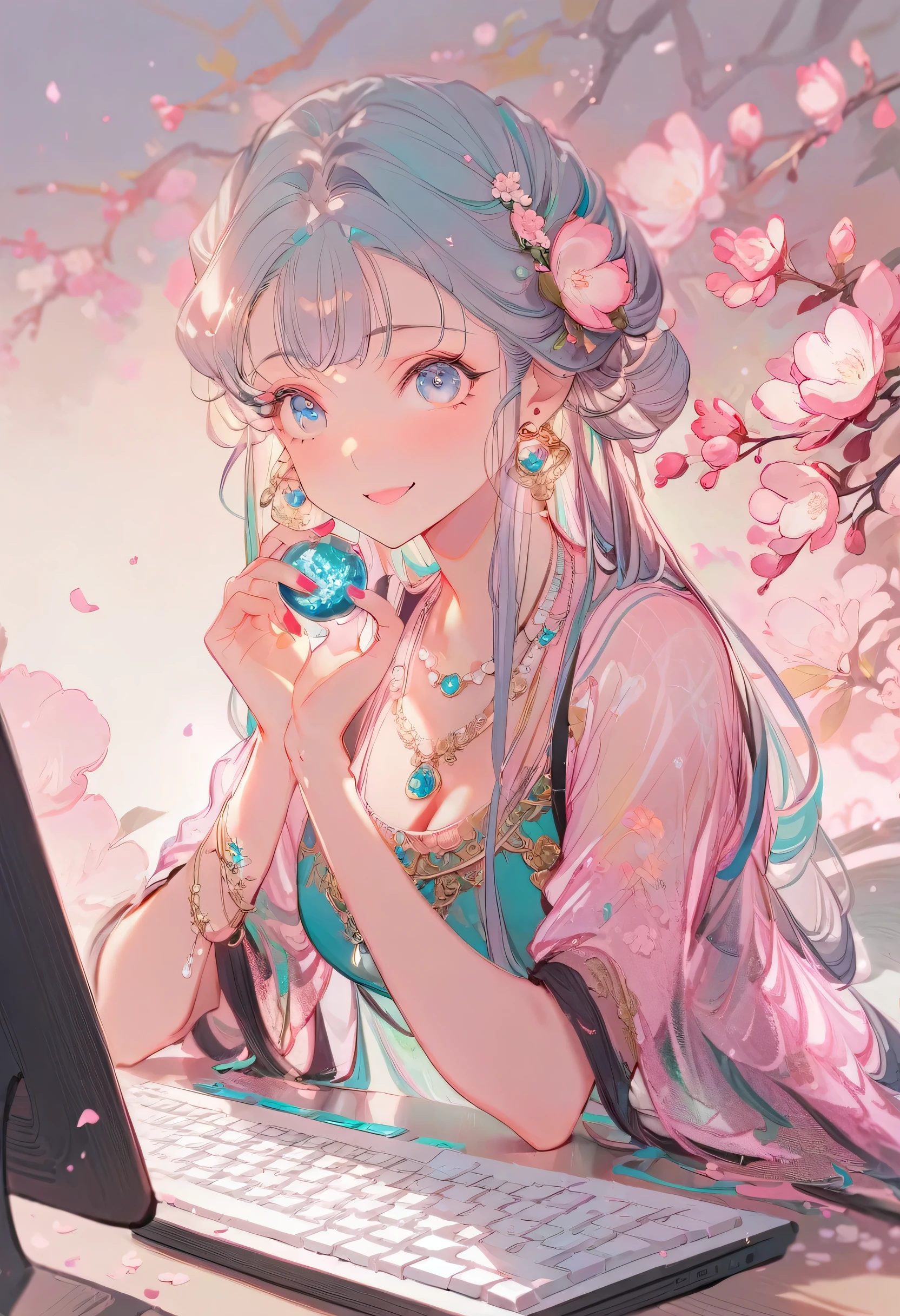 masterpiece, best quality, Super detailed, illustration,(1 Girl),Beautiful and delicate eyes, Looking at the audience, (holding computer keyboard), Happy, (turquoise hair:1), (blue round eyes:1), (round earrings), (Turquoise Large Gemstone Necklace), Cute round face, Long hair, Smile, fantasy chinese server