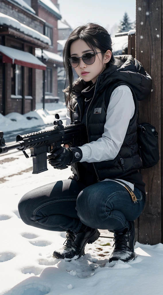 ((best quality)), (masterpiece), Reality, Photorealism, A girl kneels down and aims her assault rifle, Reality, high resolution,Snow background, Looking at the camera, (Delicate face), Black Hair, Vest, gun, jewelry，Black gloves, sunglasses on head, Fingers are covered