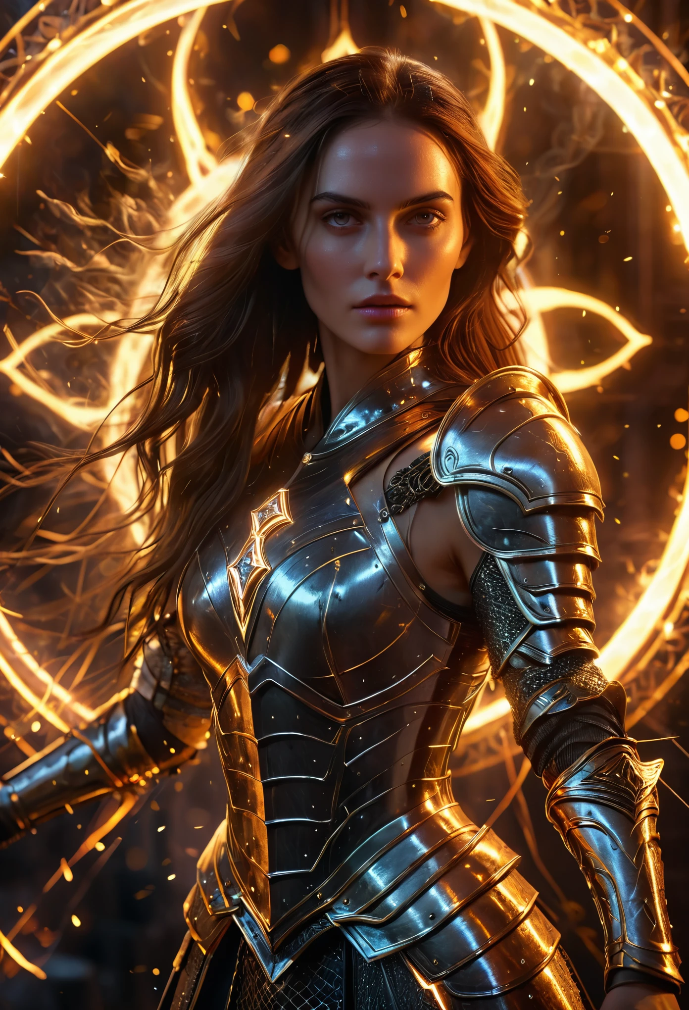 (best quality, masterpiece:1.2), ultra-detailed, a huge glowing sword, ancient glowing symbols on the blade, a girl wearing armor, Cuvry Pose,Dynamic Action,long flowing hair, silver armor, electric arc hexagram magic circle background, magical effects, detailed magic circle, detailed hexagram, intricate sword handle texture, thick breath mist, Surrealism, 4k, 8k, highres, best quality, highres, anatomically correct, textured skin,vivid color,