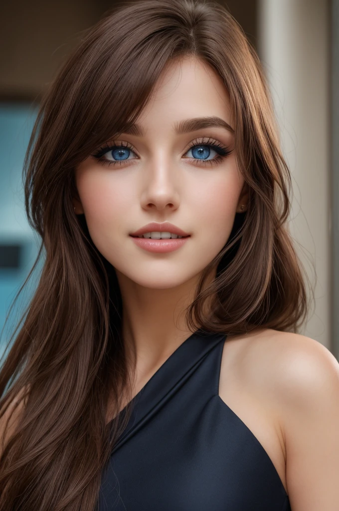 blue eyes, eyeshadow,eyelashes, pupils, eyebrows, nose, lips, teeth, face, brown hair, long hair, 1girl, solo,black tight dress