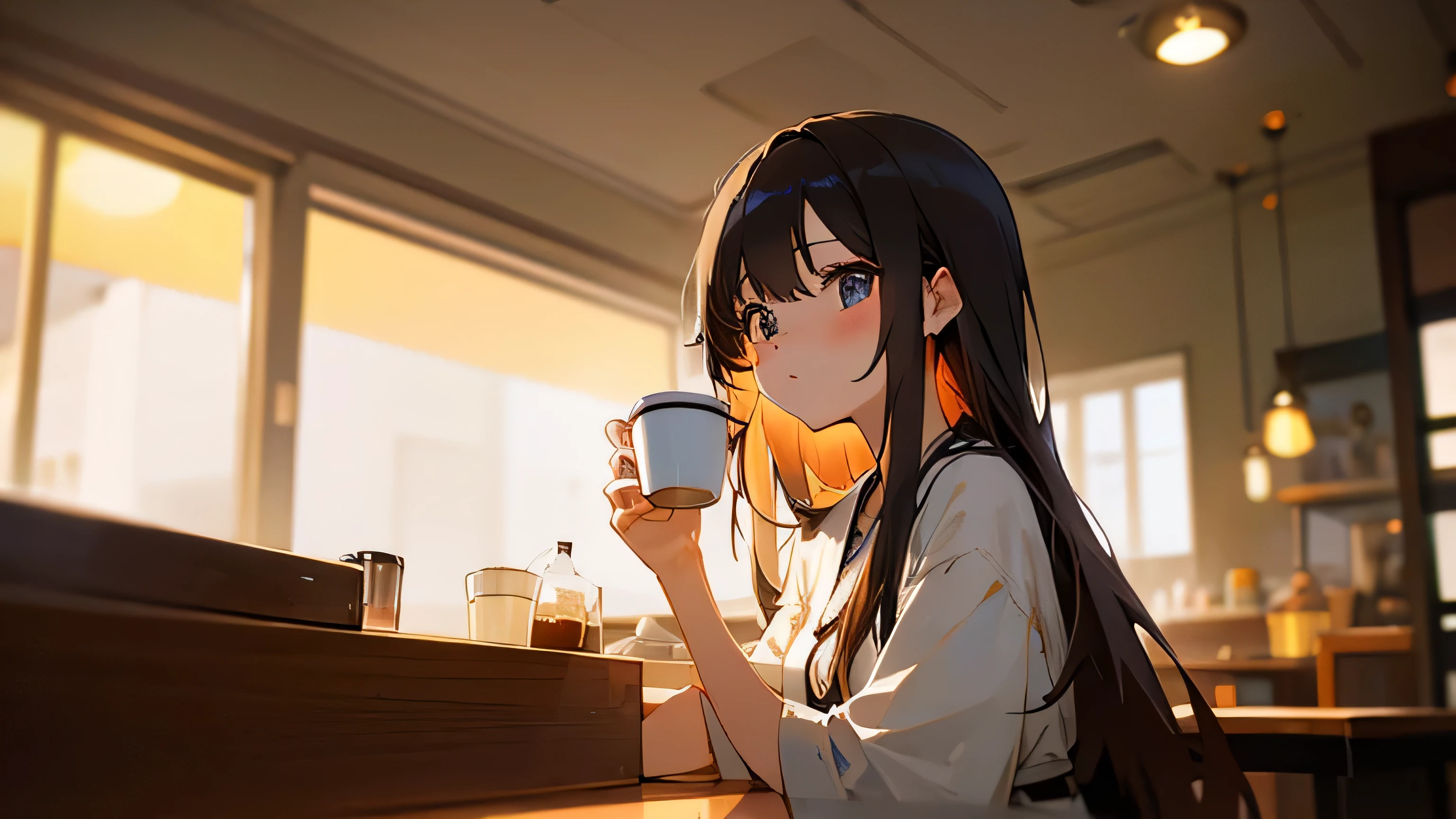 Anime girl sitting at a table with a cup of coffee - SeaArt AI