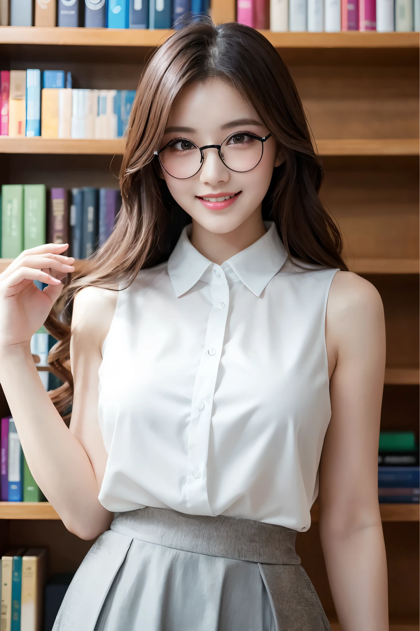 (highest quality、Tabletop、8k、Award-winning works、Ultra-high resolution、Best image quality)、One beautiful woman、(White polyester sleeveless、Blouse with buttoned collar:1.3)、(Elegant black tight skirt:1.1)、(Elegant round glasses:1.2)、library、(Standing Elegantly:1.1)、(Strongly blurred background:1.1)、Stand next to a bookshelf、(Perfectly organized bookshelf:1.1)、Bookshelf in the background、居心地の良いlibrary、lipstick、Long eyelashes、Heavy makeup、Perfect Makeup、Colored contact lenses、Accentuate your body lines、Big ample breasts、Soft and warm lighting、Detailed bookshelf、(Ultra-high resolutionの正確な美しい髪:1.1)、(Accurate anatomy:1.2)、Ultra-high definition beautiful eyes、(Super bright and radiant skin:1.1)