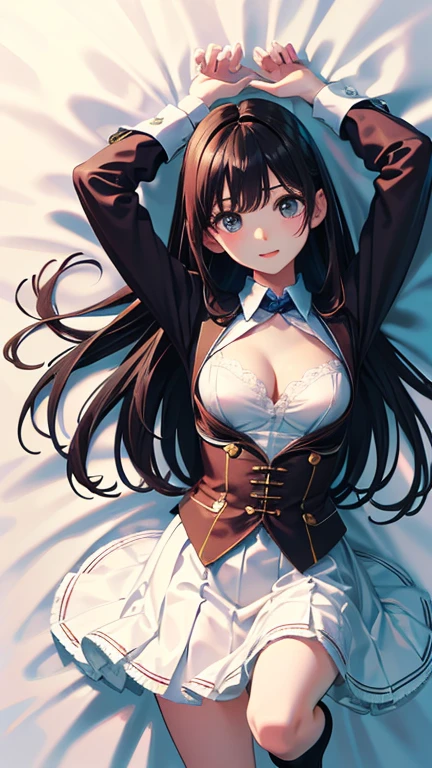 masterpiece, highest quality, One girl, View your viewers, Small waist, RAWphotograph,Hands intricately、Beautiful fingertips、 Ultra-realistic, High resolution, photograph, Sharp focus, Most detailed, Very detailed, Super detailed, In detail, Very detailed目と顔,Very detailed手と指、Idol、Thighs, beautiful girl,View your viewers, Small waist,Symmetrical face, whole body、White lace dress、No sleeve、White lace micro skirt、White lace knee socks、、Large Breasts、ir、Big red ribbon、はだけたThighs、Beautiful navel、美しいCleavage、The bouncing breasts、Fun laung on your back、grass