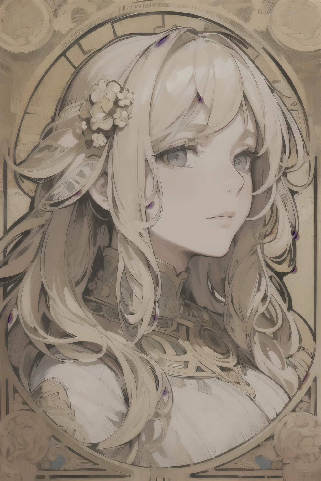 European female face portrait , Long curly hair, blond, Flower frame, Decorative panels, Abstract Art, author：Alphonse Mucha
(masterpiece, best quality, high resolution:1.4), detailed, Intricate details, 4K, Color Splash, Line art,   Fibonacci,