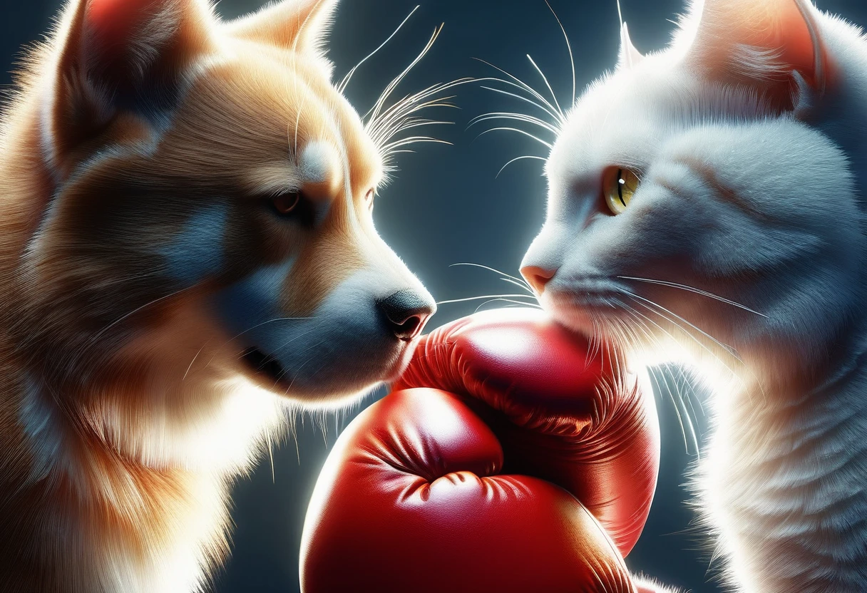 ((a dog:1.6 and a cat:1.6, boxing with boxing gloves face to face:1.5)), high resolution, hyperrealism, masterpiece, HD, 8k, detailed fur, intense expressions, dynamic action, vibrant colors, lighting spectacular, realistic environment, exquisite texture, attention to fine details