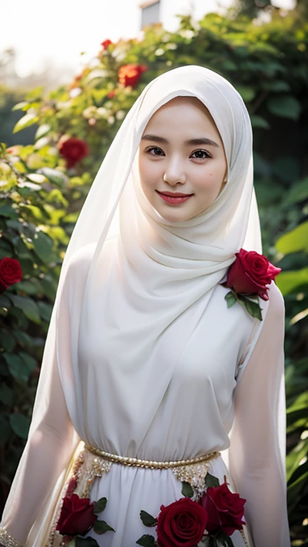 ((best quality)), ((masterpiece)), perfect face, playing on the garden, indonesia, hijab, sharp nose, smile, half body, holfing a rose, transparent bright color clothes