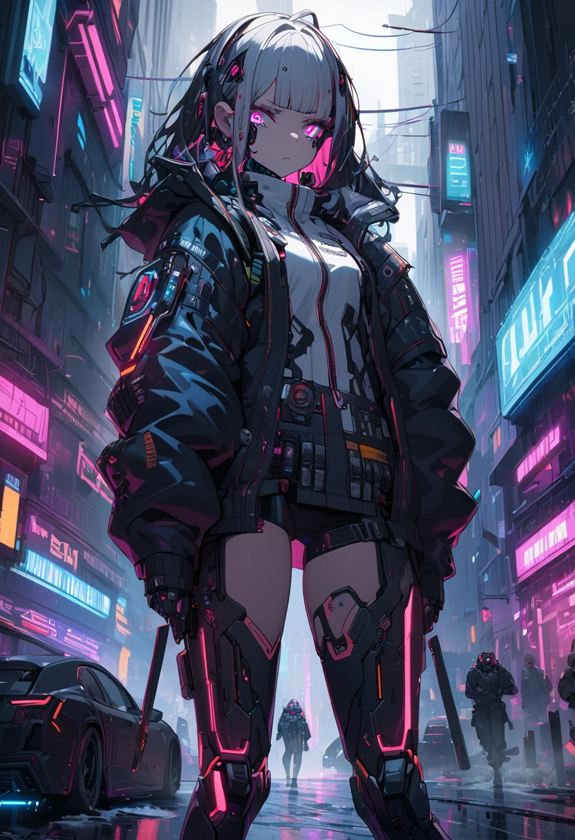 Ultra detailed, 8K, cyberpunk, cybernetic girl, heavily augmented, cold expression, violent environment