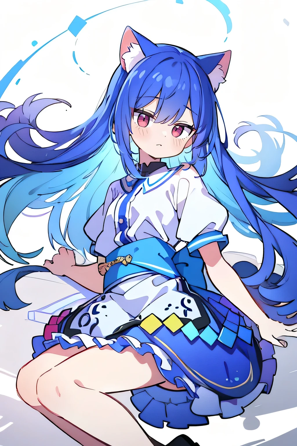 (masterpiece:1.2),Super detailed,lifelike,Expressive eyes,fair skin,perfect face shape,1 girl,
Japanese comics,Gorgeous blue hair,flowing blue hair,flowing clothes,Cat ears,Petals fall,beautiful lola,Baby Angel,
Shaking head with one hand,Lying gracefully on the ground,Cross your legs,Gentle and peaceful background,The pavilion is cool and comfortable,smile.