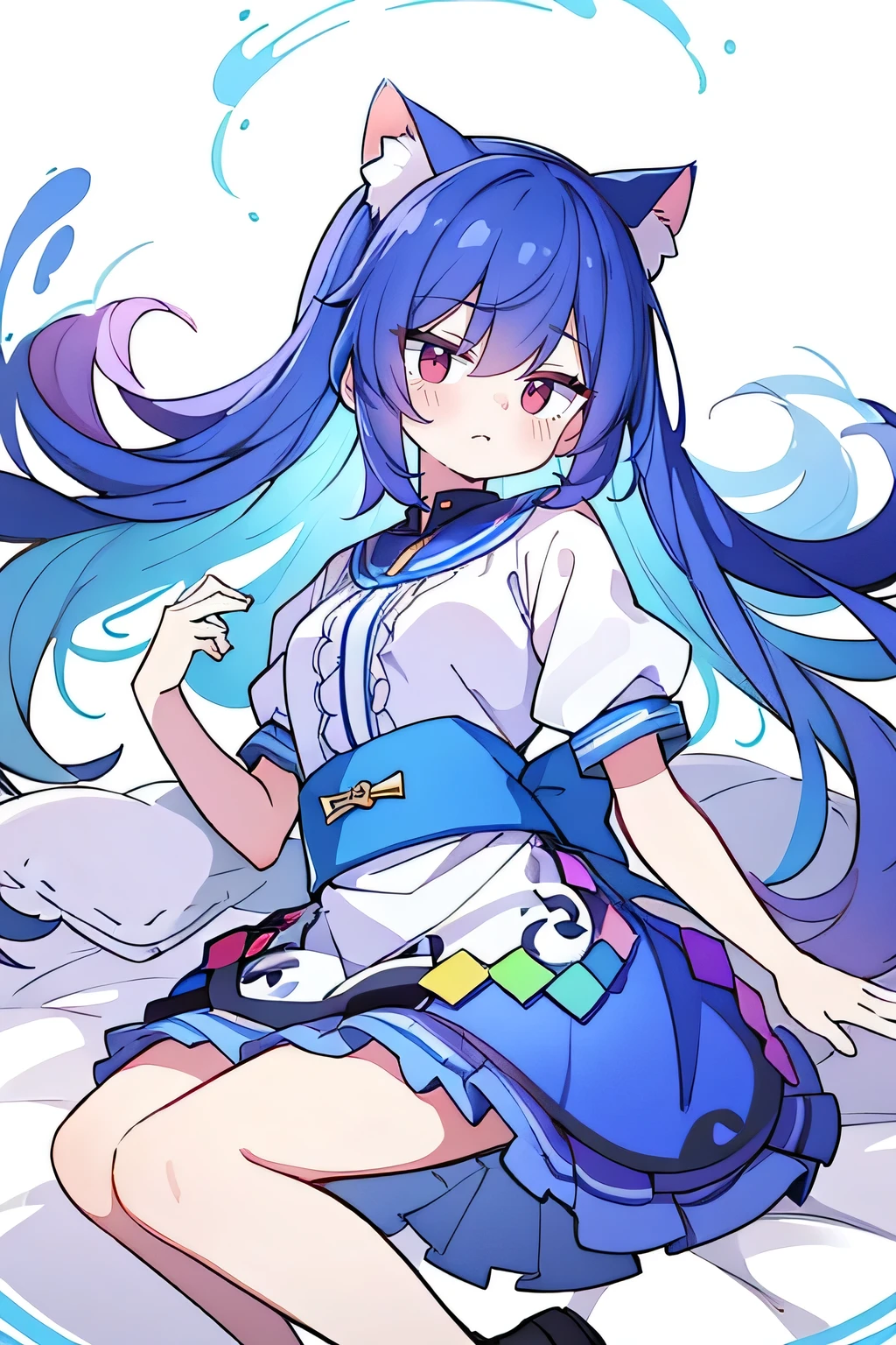 （masterpiece：1.2），Super detailed，lifelike，Expressive eyes，fair skin，perfect face shape，1 girl，
Japanese comics,Gorgeous blue hair,flowing blue hair,flowing clothes,Cat ears,Petals fall,beautiful lola,Baby Angel,
Shaking head with one hand，Lying gracefully on the ground，Cross your legs，Gentle and peaceful background，The pavilion is cool and comfortable,smile.