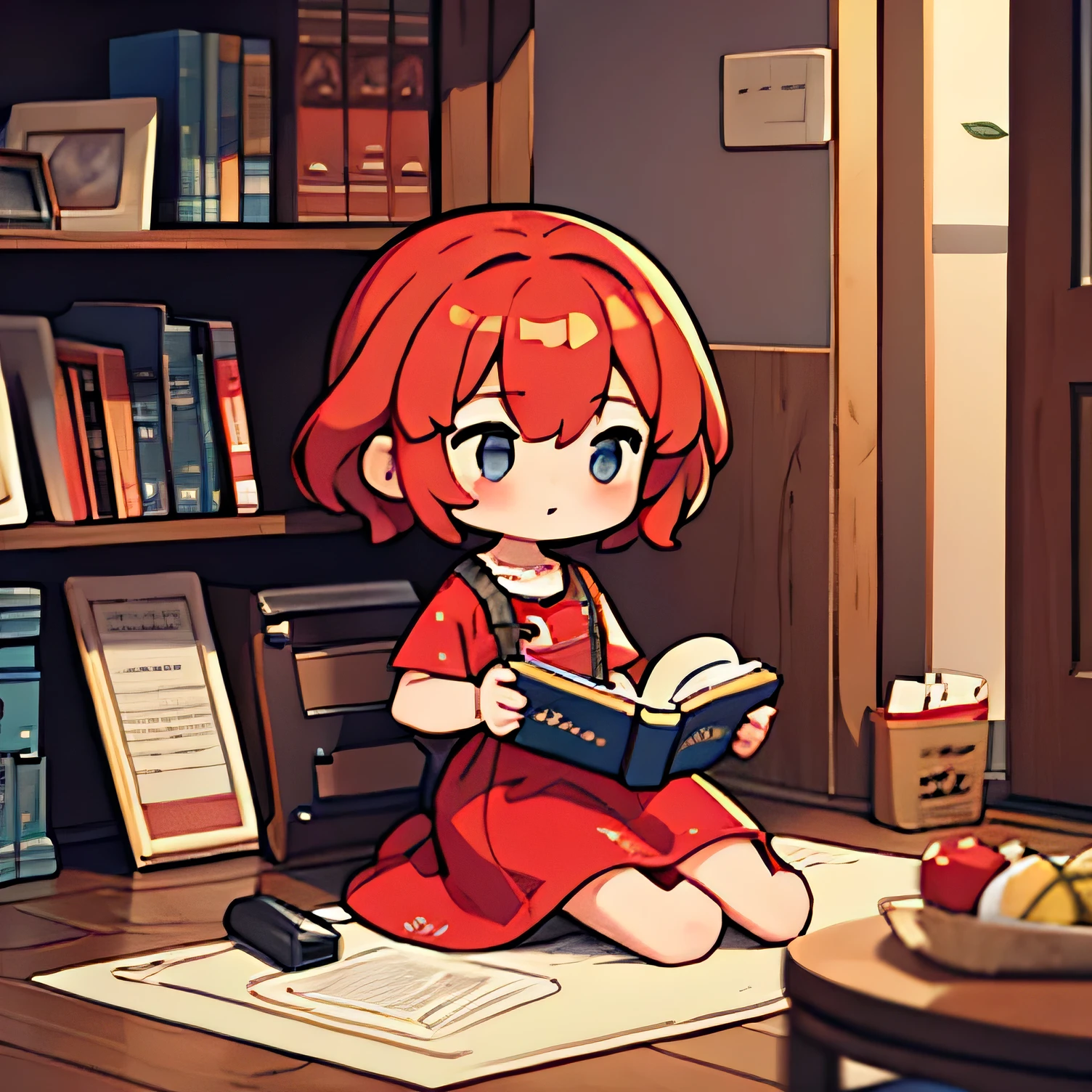 My character is sitting on the floor, she is a girl with short red hair wearing a dress and reading a book. I ask you to remove the scenery and leave the color palette harmonious 