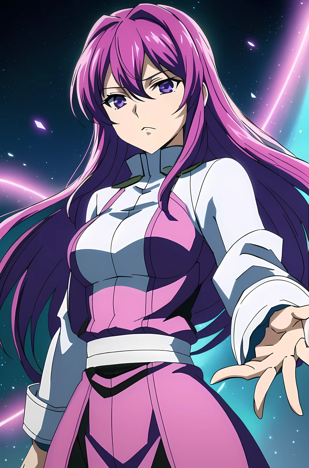 A woman in a white lab coat with long purple hair stands in front of a planet, Misato Katsuragi, Akaski Voidstar, Portrait of a female anime hero, portrait Zodiac Knight Girl, female Anime characters, Mai Yoneyama, tsubasa hanekawa, Famous Makinami, Zodiac Knight Girl, Anime characters, juri misaki