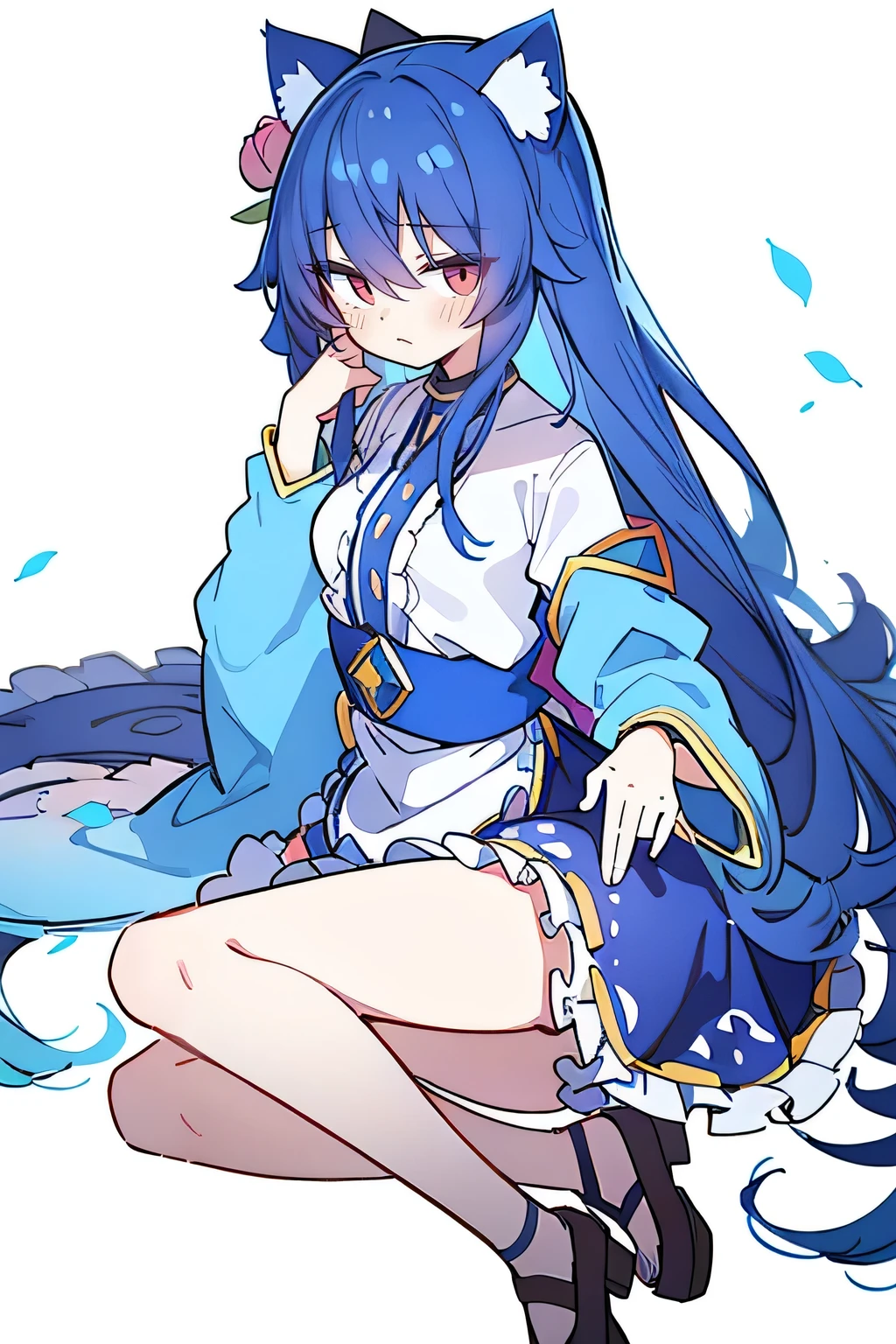 （masterpiece：1.2），Super detailed，lifelike，Expressive eyes，fair skin，perfect face shape，1 girl，
Japanese comics,Gorgeous blue hair,flowing blue hair,flowing clothes,Cat ears,Petals fall,beautiful lola,Baby Angel,
Shaking head with one hand，Lying gracefully on the ground，Cross your legs，Gentle and peaceful background，The pavilion is cool and comfortable,smile.