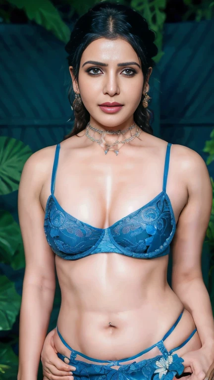 ht scene, extreme closeup photo of nakmantha ruth prabhu with blue eyes, meditating in forest, hourglass figure, swooping breasts,g deep cleavage and naek hair, necklace, sexy see through bra, pflower, sultry, look at viewer lusciously, (cinematic:1.3), intricate details, (ArtStation:1.2)