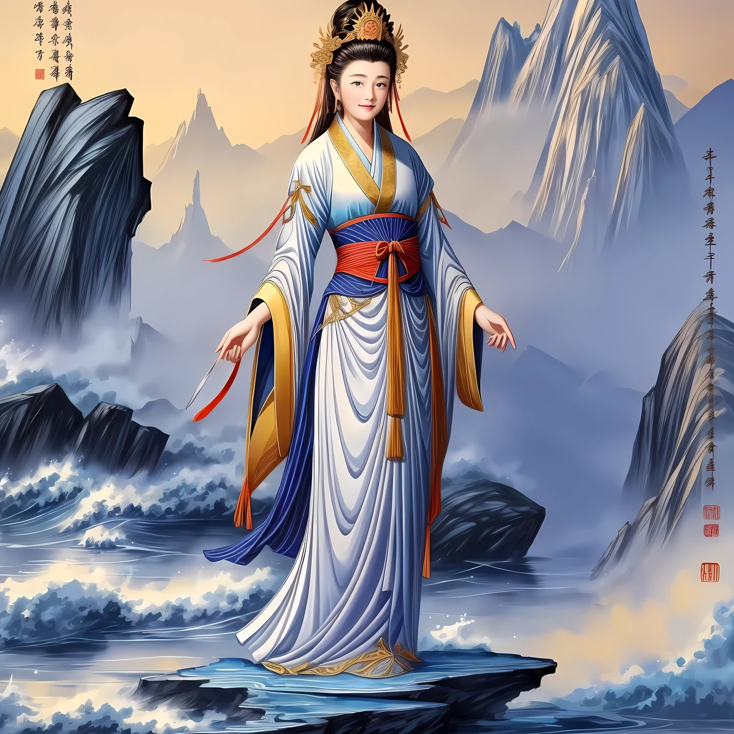 ((best quality)), ((masterpiece)),
((guanyin,1girl)),(mountain, water),hanfu,dress,chinese clothes,(chinese text,  text focus,wall of text),