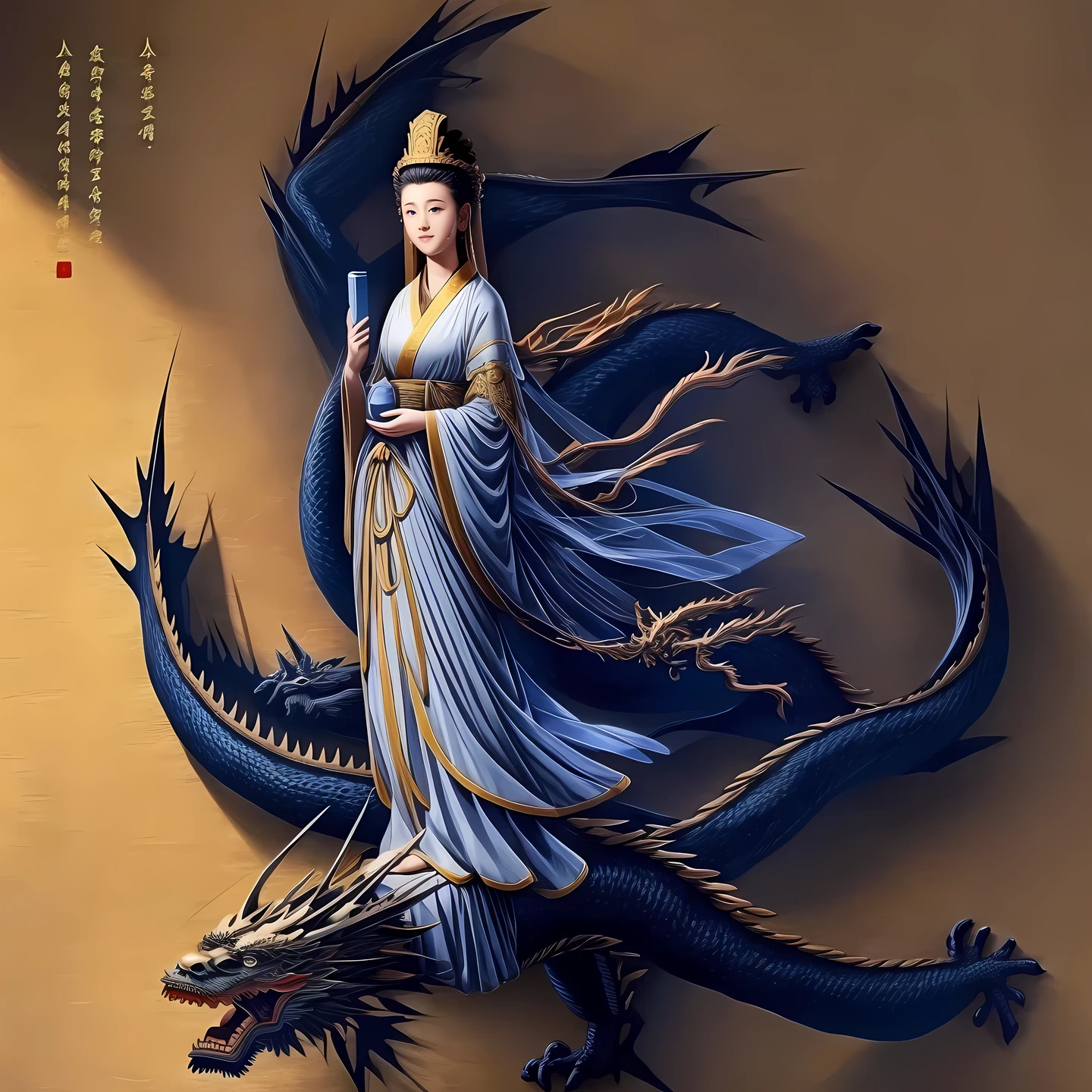 ((best quality)), ((masterpiece)),
((guanyin,1girl)),(dragon, eastern dragon),hanfu,dress,chinese clothes,(chinese text,  text focus,wall of text),