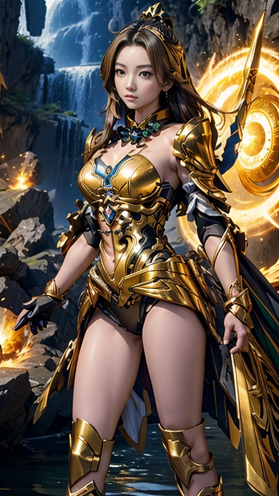 masterpiece,highest quality,Ultra-high resolution),Japanese women, Very beautiful girl, Naïve girl、Perfect limbs、Perfect Anatomy、Glowing Beautiful Skin、Watery eyes、Brown shiny hair、The colors and landscapes of youth、Premonition of Love: Green and Gold Uniform、 metallic Green armor, High Quality Costume, Brass armor, masterpiece衣装, Green armor, Avan Uniform, Golden black uniform, Gold Armor Suit, quality commander, Combat Uniform, Embroidered uniform guard, Golden Obsidian Armor, Smooth Gold Armor、Camel Toe、Giant tit、Nipple Puffs、Cleavage、Plump、Super big breasts、Super big butt、Microcosm