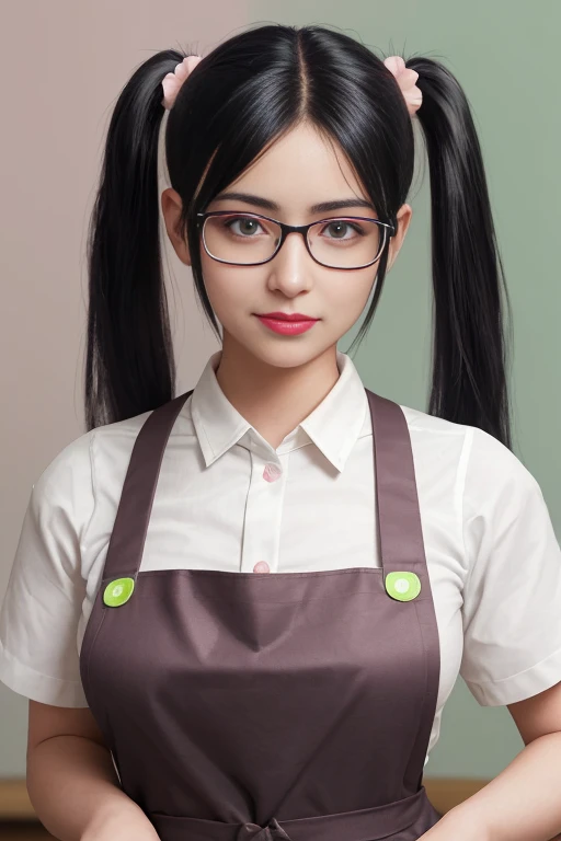 Portrait of a twintail black hair woman,glasses, slight smile,pink lips,green eyes,only wearing apron, sharp focus, no shirt, hd, ultra hd, 16k