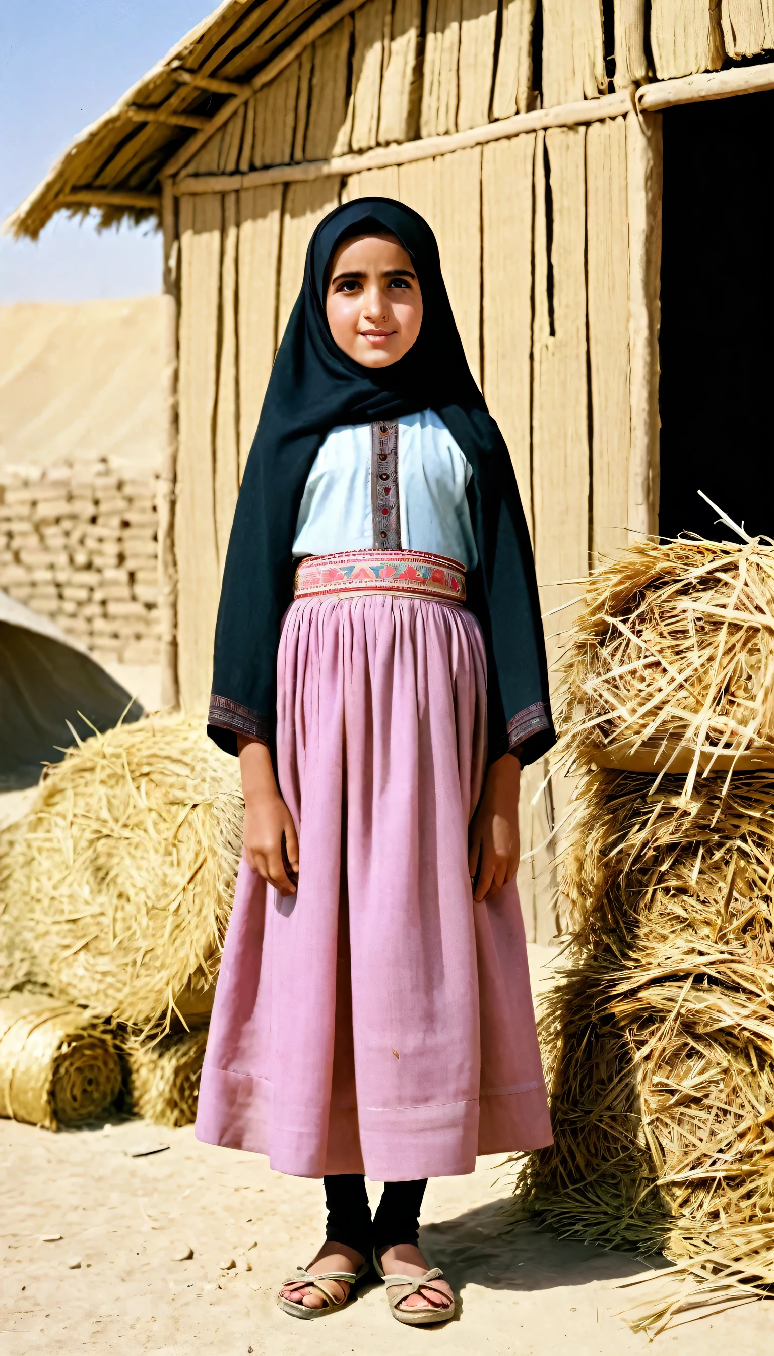 1girl, 10-years old, solo, an Iraqi wearing traditional clothing at the theshold of a hut, wearing hijab, background includes hay and outdoor elements, black_hair, standing, looking_at_viewer