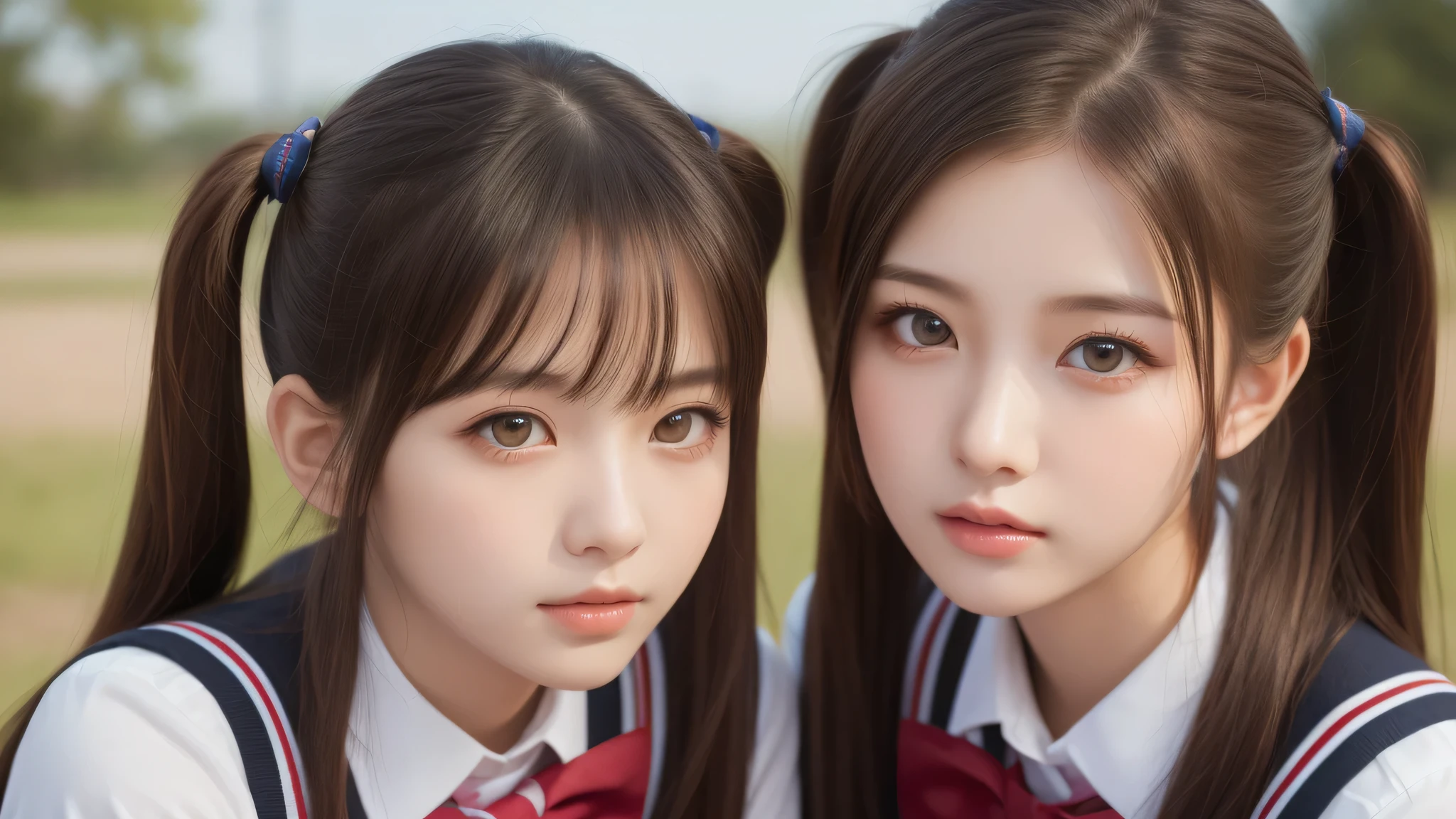 (2girl), (extremely detailed beautiful face), (highly detailed eyes, highly detailed face), (Pig tails hair), (high school uniform), Fresh, very clean appearance, (best Quality:1.4), (hyper-realistic, hight resolution), Professional Photography, standing, Outdoors, Close up portrait of girl, staring at me, (Fine face:1.2),