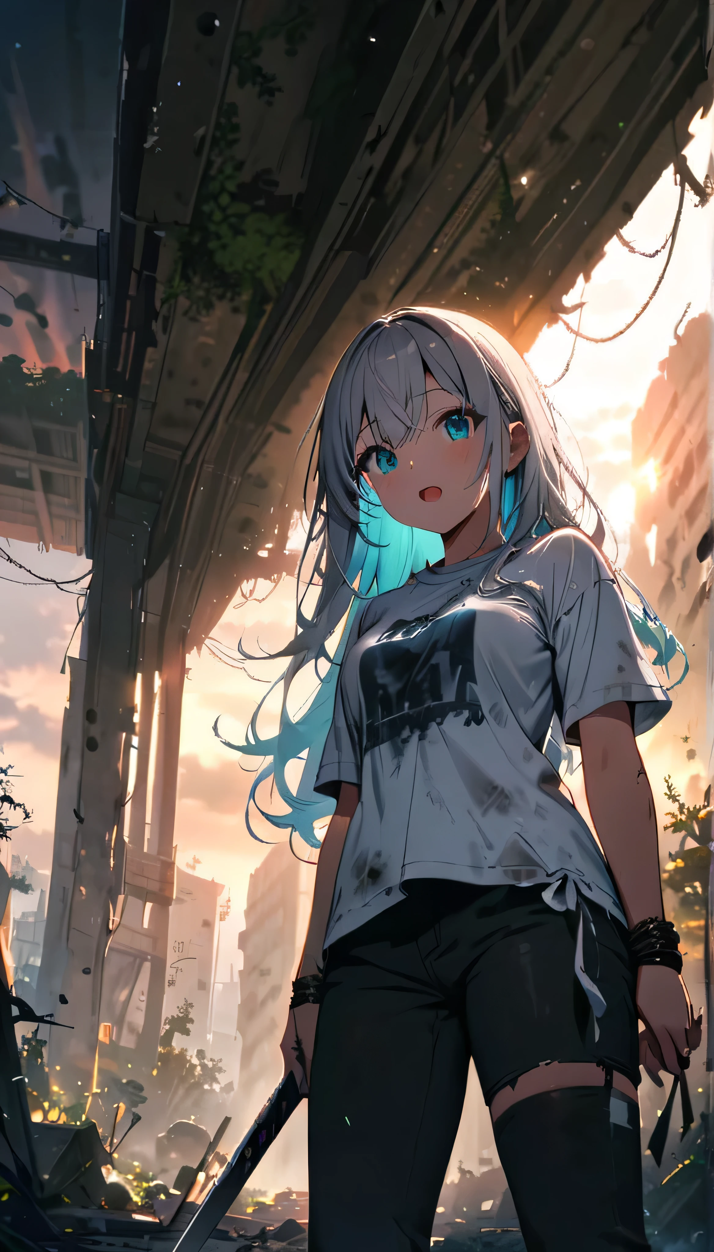 Resolution full, best quality, masterpiece, full HD, beautifull girl, foggy theme, super detailed, 1girl, cute girl, long hair, silver  hair, blue inner hair, detailed beautiful aqua eyes. Open mouth. Dirty shirt. Dirty and bound face. white T - shirt oversized, holding glowing katana. from below, in ruins, overgrown. Day sky, gradient sky, sunset.  bokeh. Depth of field.