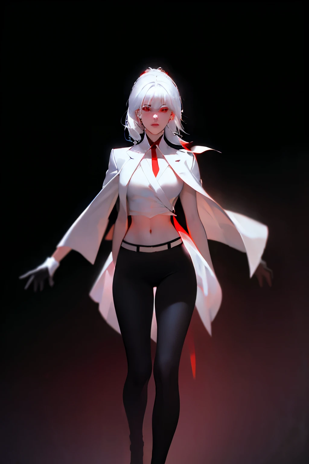 1 Girl, close up, (white hair, Medium Length Hair,Red Eyes), Perfect anatomical structure, City, Cyberpunk style, ((White shirt, Black jacket, Black skirt, navel, belt, Black gloves, tie, Watches, earrings, see through black leggings)), ((Holding a gun)), war, ruined City, battlefield, rubble, architecture,cigarette