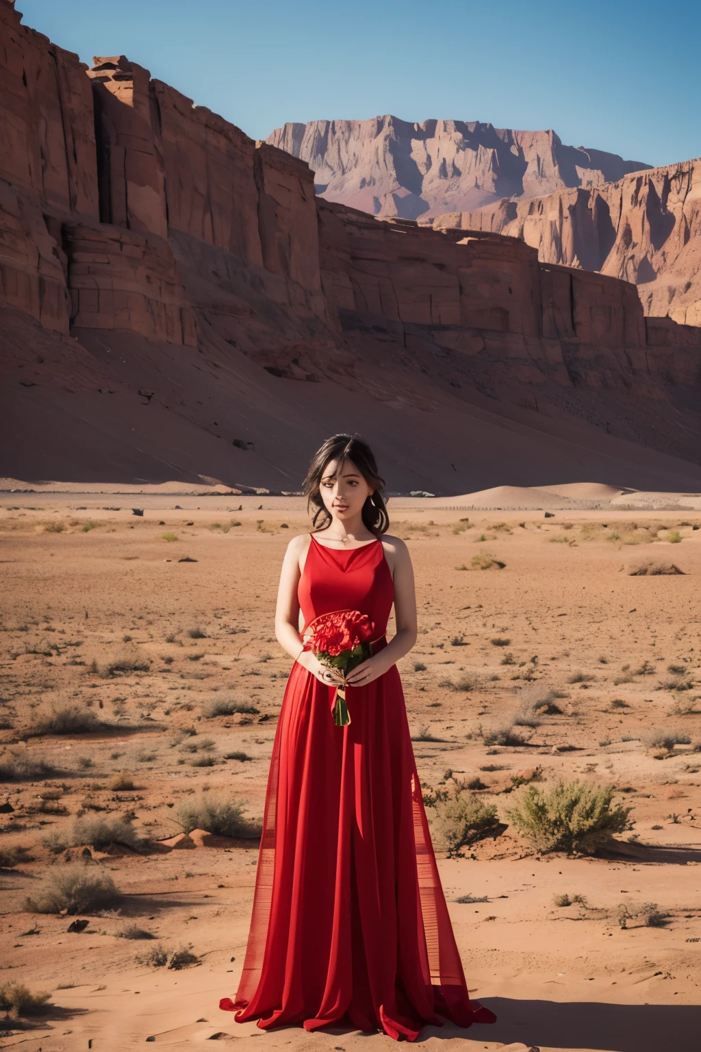 Against the backdrop of the barren desert, a girl in a striking red dress stands out like a rose blooming in the midst of a desolate landscape, her dress a symbol of hope and resilience.