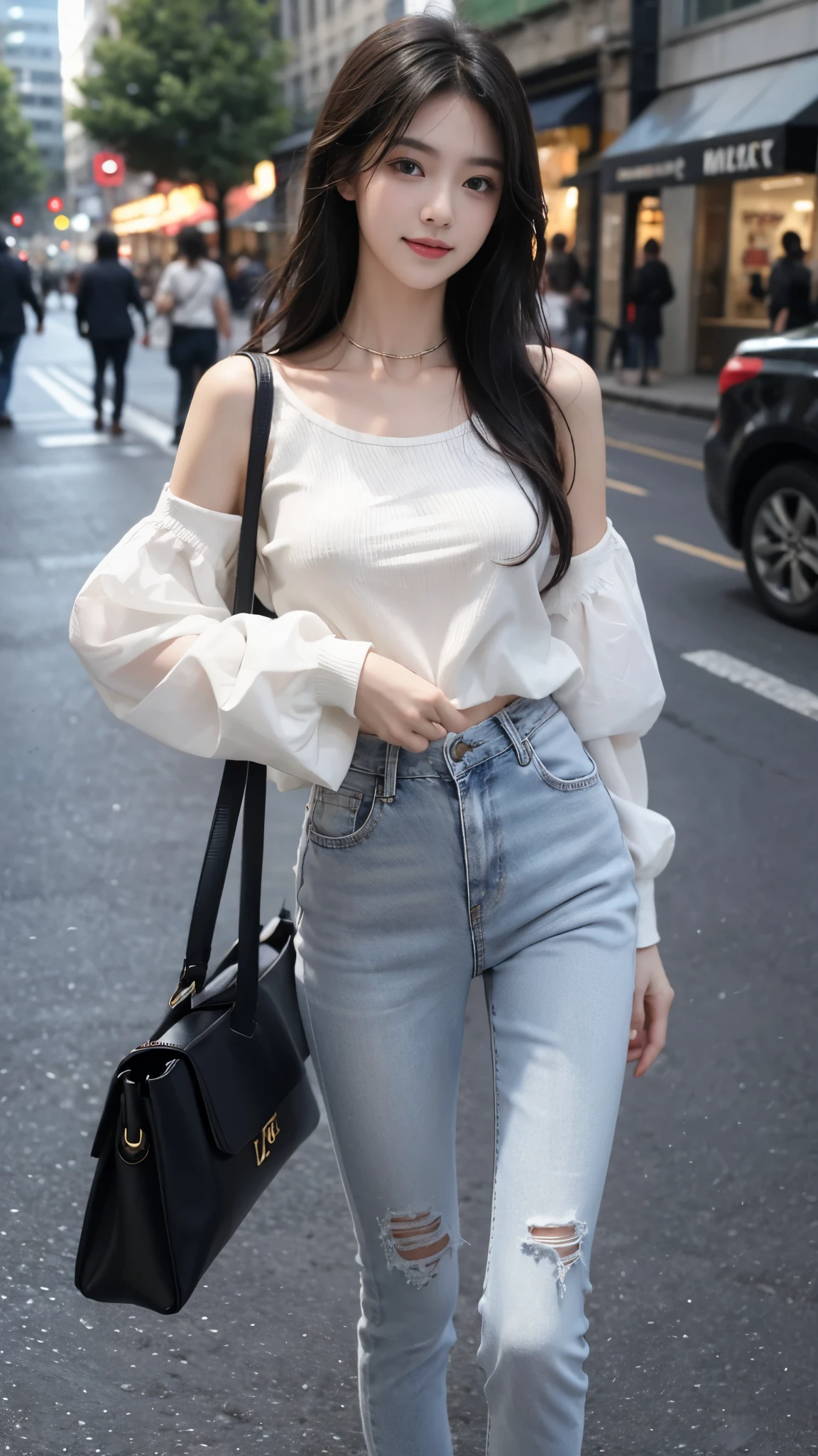 Top image quality，high resolution，Solitary，Glowing skin，best quality，Practical，Ultra Detailed，meticulous，high resolution，8K，Portrait of a beautiful girl，like，Smile，Air bangs，Perfect dynamic composition，美丽meticulous的眼睛，Skinny jeans，Carrying LV bag，In the city streets