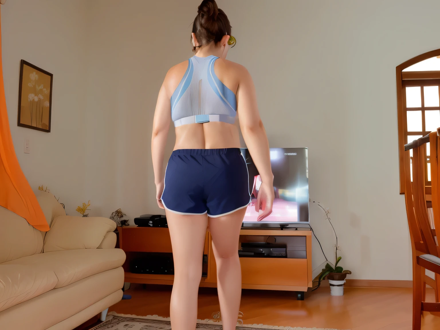 there is a woman standing in a living room with a wii remote, sport bra and dark blue shorts, sport bra and shorts, back pose, long shot from the back, from back, seen from the back, backview, back view!!, from the back, back arched, back - shot, toned derriere, long shot from back, back shot