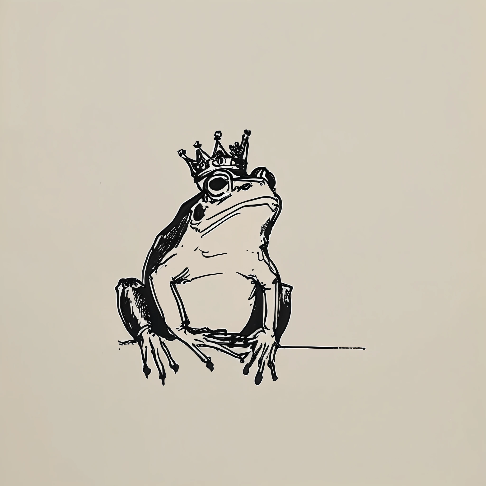 black and white drawing of a frog with a crown on a white paper
