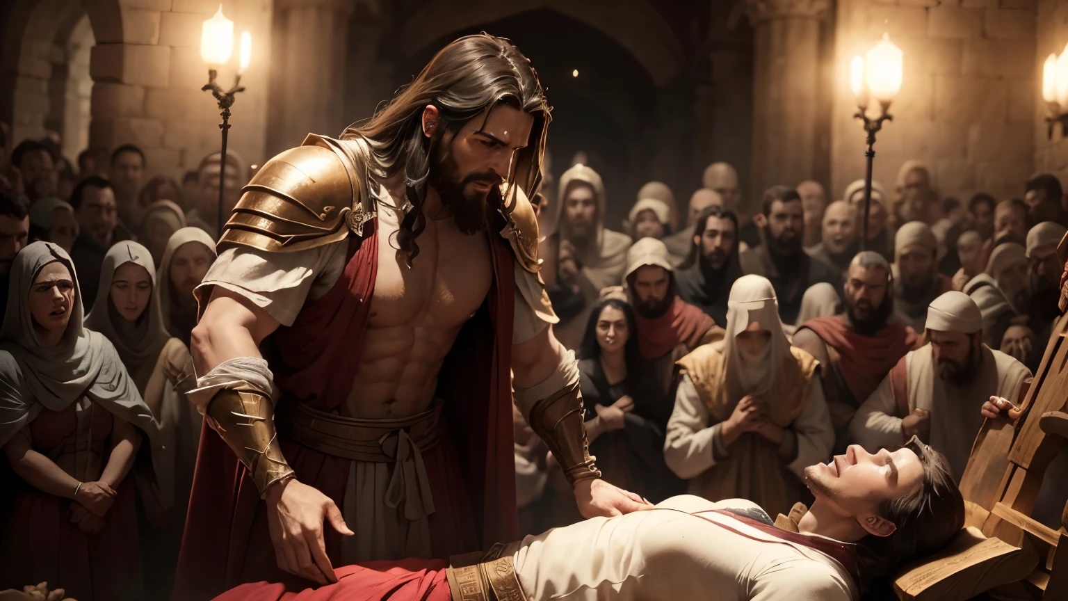 Jesus heals the paralyzed and demon-possessed followers in Jerusalem, kind happy, white clothes, bible illustration, epic biblical representation, imagem super realista, cinematic lighting, beautiful depiction, realistic, 4k, hdr, aesthetic, magical