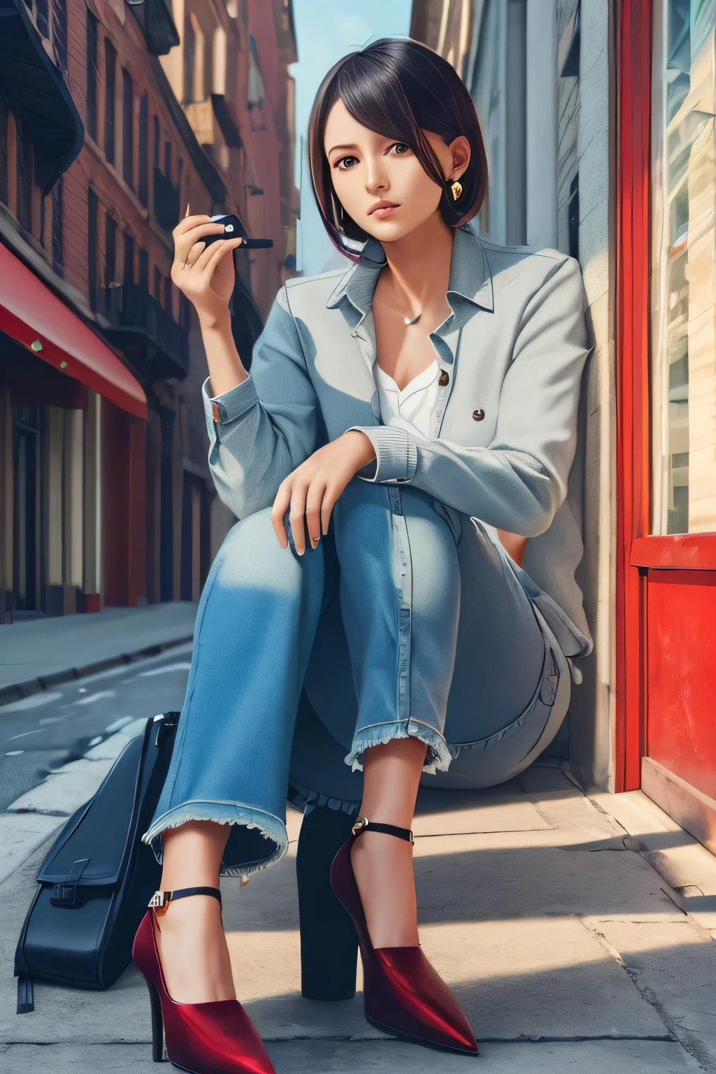 best quality, masterpiece, ultra high res, (photorealistic:1.4),a girl wearing high heels,(street:1.5)
